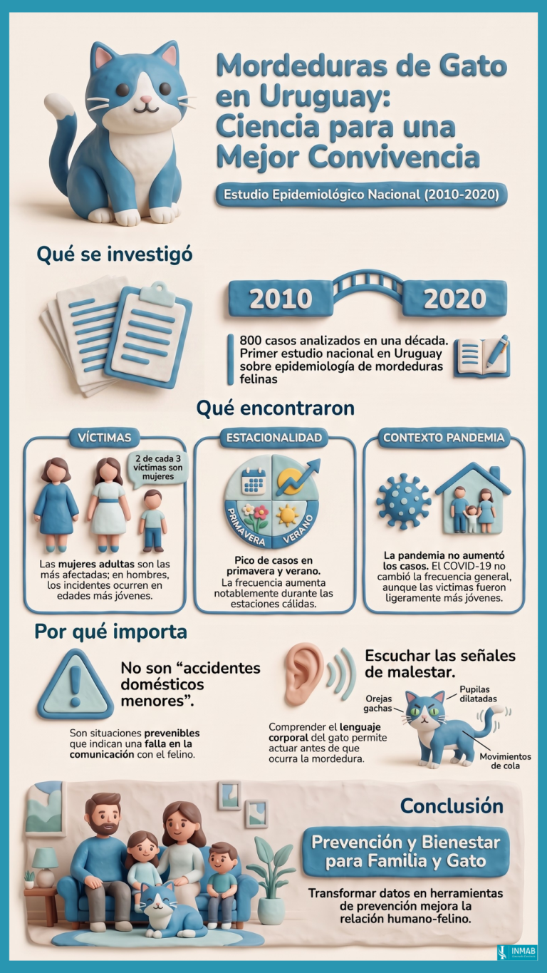 Mordeduras de gato en Uruguay: estudio epidemiológico nacional (2010–2020) | INMAB Infografía sobre el estudio nacional de mordeduras de gato en Uruguay (2010-2020): víctimas, estacionalidad y prevención