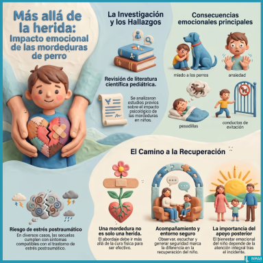 Infografía sobre el impacto psicológico de las mordeduras en niños y la importancia de reconocer sus consecuencias emocionales