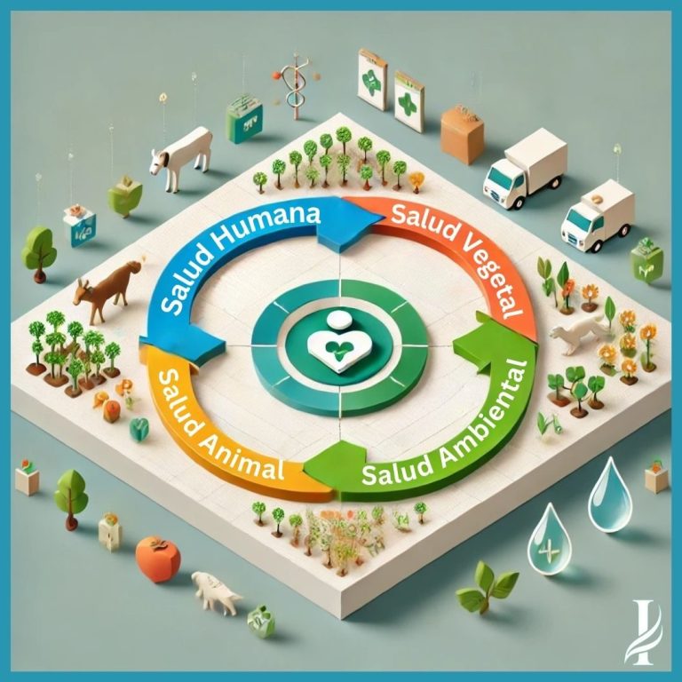 Infografía circular que muestra salud humana, animal, vegetal y ambiental interconectadas en el enfoque One Health.