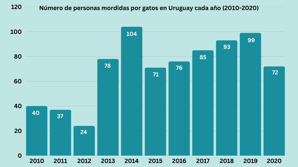 Gráfico de barras mostrando el número de personas mordidas por gatos en Uruguay entre 2010 y 2020, con un aumento notable en 2014.