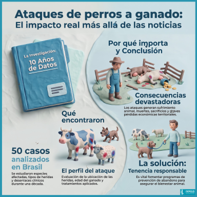 Infografía sobre el impacto de los ataques de perros al ganado y la importancia de la prevención y la tenencia responsable.