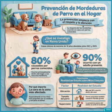 Infografía sobre mordeduras de perro en niños, riesgos en el hogar, perros conocidos y la importancia de la supervisión activa.