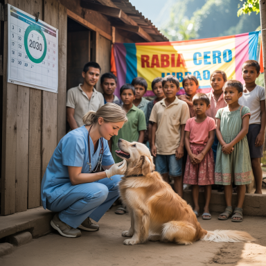 Veterinaria vacuna a un perro frente a un grupo de niños y un cartel de Rabia Cero 2030, simbolizando la prevención y el esfuerzo global.