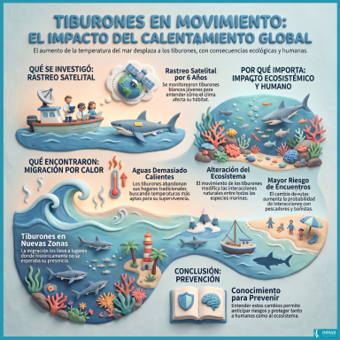 Infografía sobre cómo el calentamiento del océano desplaza a tiburones blancos jóvenes y puede cambiar los encuentros con humanos