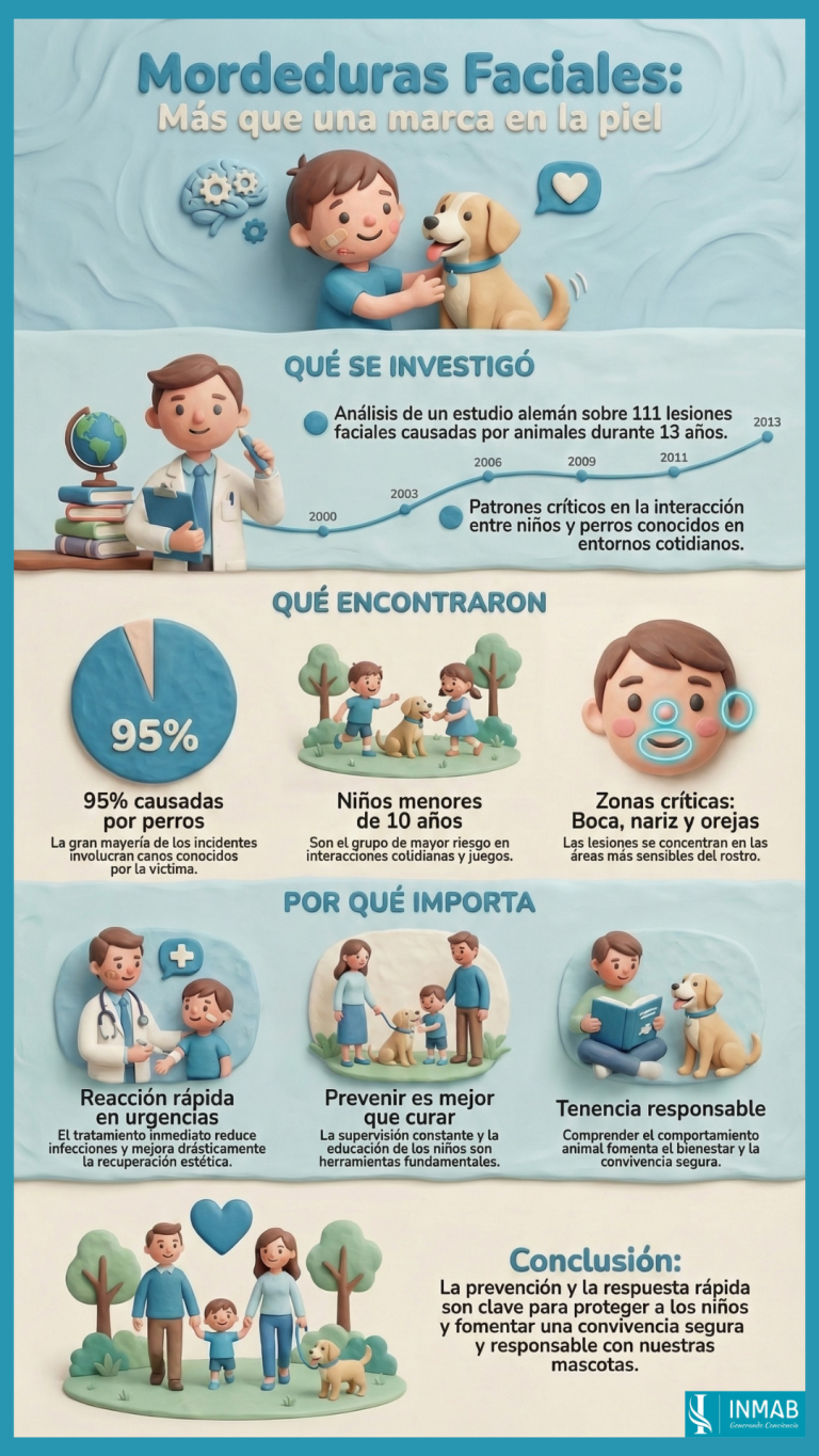 Lesiones faciales por mordeduras de animales en niños - INMAB Infografía sobre lesiones faciales por mordeduras de animales en niños: estudio clínico de 111 casos y claves de prevención