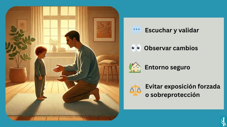 Qué hacer tras una mordedura de perro en niños: acompañamiento emocional - INMAB Adulto acompañando a un niño tras una mordedura, mostrando cómo escuchar, observar y crear un entorno seguro sin forzar la exposición