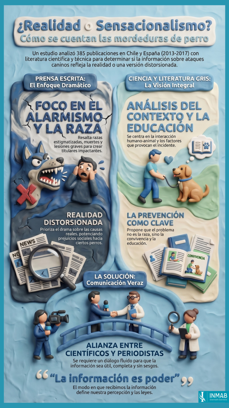 Infografía que compara el sensacionalismo en medios con el enfoque científico sobre mordeduras de perro y prevención