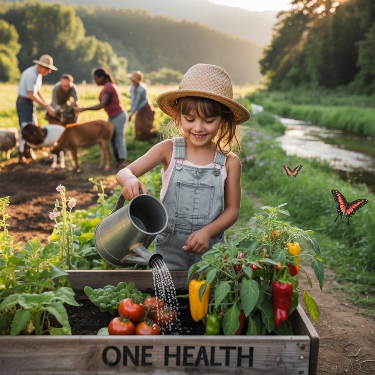 Niña feliz riega plantas en un huerto con la frase One Health, representando salud, vida y conexión con el entorno.