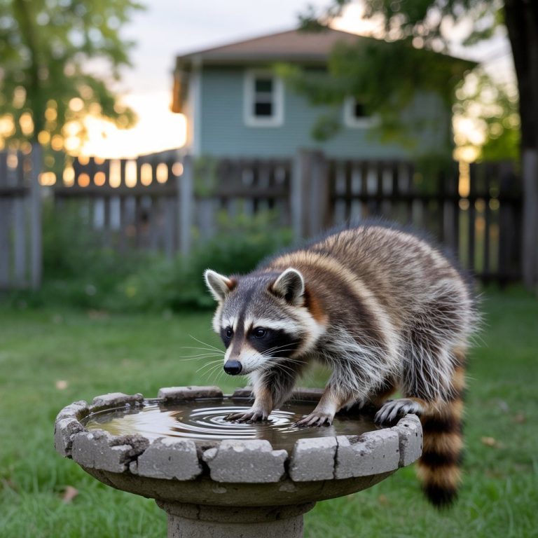 Un mapache sube al porche de una casa urbana y revisa un bebedero vacío en busca de agua, desplazado por la falta de recursos.