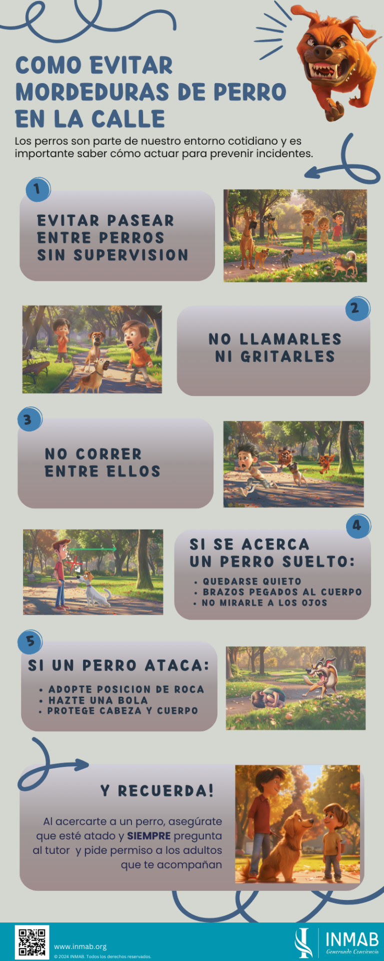 Infografía educativa para prevenir las mordeduras y los ataques de perros en las calles, entornos públicos y espacios exteriores. Una guía para la prevención y el cuidado