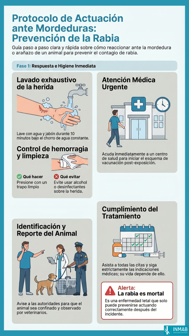 Qué hacer tras una mordedura: lavado de la herida, atención médica urgente y prevención de la rabia.