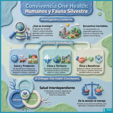 Infografía sobre la convivencia entre humanos y fauna silvestre desde el enfoque One Health y la salud interconectada.