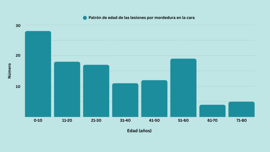 Distribución de edades en lesiones faciales por mordeduras - INMAB Gráfico que muestra que los niños menores de 10 años son el grupo más afectado por lesiones faciales por mordeduras.