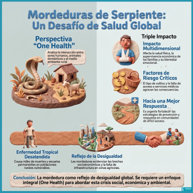 Infografía sobre las mordeduras de serpiente como un problema One Health ligado a la desigualdad, la salud y el entorno.