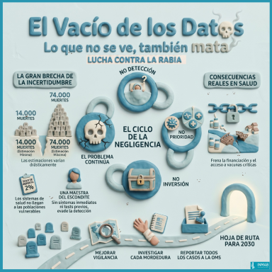 Infografía sobre la rabia y la importancia de mejorar los datos para visibilizar las muertes y fortalecer su prevención.
