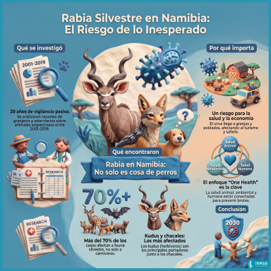 Infografía sobre la rabia en Namibia, la fauna silvestre afectada y el enfoque One Health para prevenir brotes.