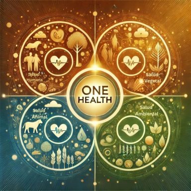 Ilustración moderna del enfoque One Health con sus cuatro pilares: salud humana, animal, vegetal y ambiental, todos interconectados.