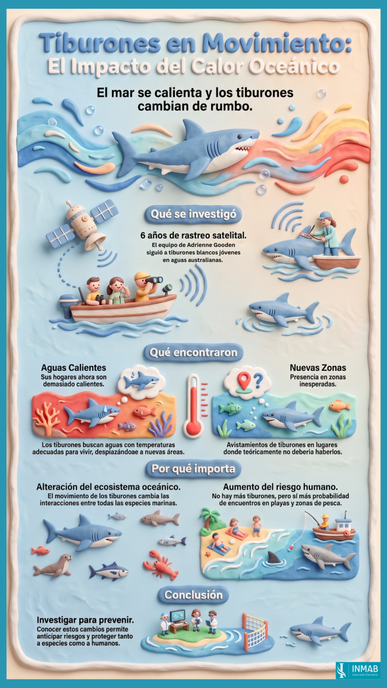 Tiburones en movimiento: el impacto del calentamiento global - INMAB Infografía sobre cómo el calentamiento del océano desplaza a tiburones blancos y modifica ecosistemas y posibles encuentros humanos.