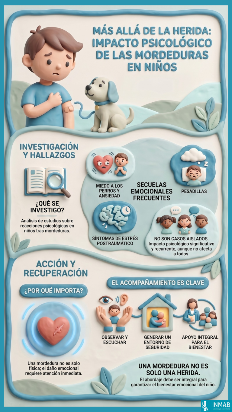 Impacto psicológico de mordeduras de perro en niños - INMAB Infografía sobre impacto psicológico de mordeduras en niños: ansiedad, miedo, pesadillas y necesidad de acompañamiento tras el incidente