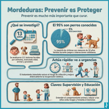 Infografía sobre lesiones faciales por mordeduras de perro: prevención, atención inmediata y educación para reducir riesgos.