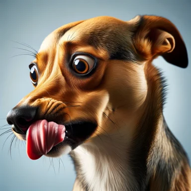 Perro lamiéndose los labios sin comida presente, una señal común de ansiedad o estrés.