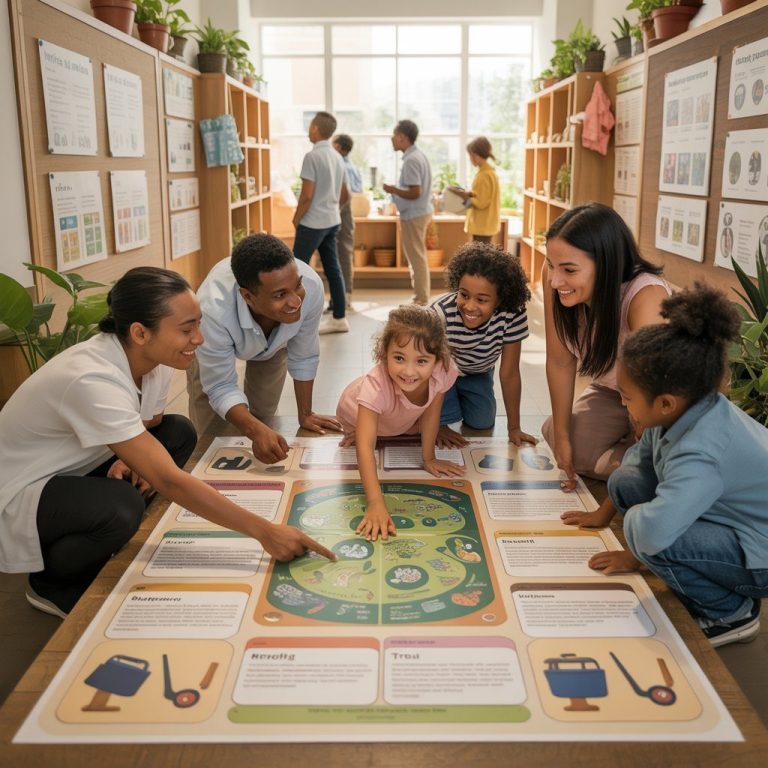 Niños y adultos aprenden juntos sobre salud y sostenibilidad en una sala educativa llena de materiales visuales.