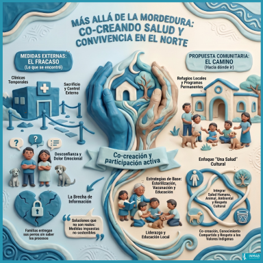 Infografía sobre un estudio que analiza la prevención de mordeduras en comunidades indígenas desde una perspectiva cultural.