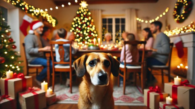 Perro con expresión de confusión o estrés observando una mesa navideña llena de comida y rodeada de personas. Los riesgos de estas fiestas 