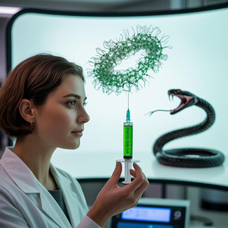 Investigadora con jeringa frente a serpiente como símbolo del antiveneno universal