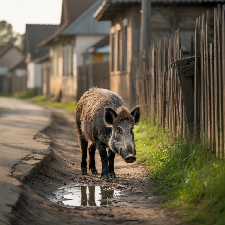 Un jabalí camina por una zona urbana y bebe agua estancada. La escasez de recursos lo ha desplazado fuera de su hábitat natural.