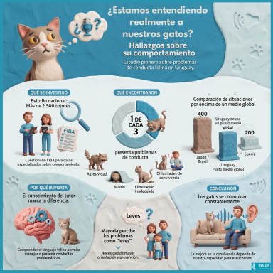 Infografía sobre un estudio pionero en Uruguay que analiza los problemas de conducta en gatos y su importancia para prevenirlos.