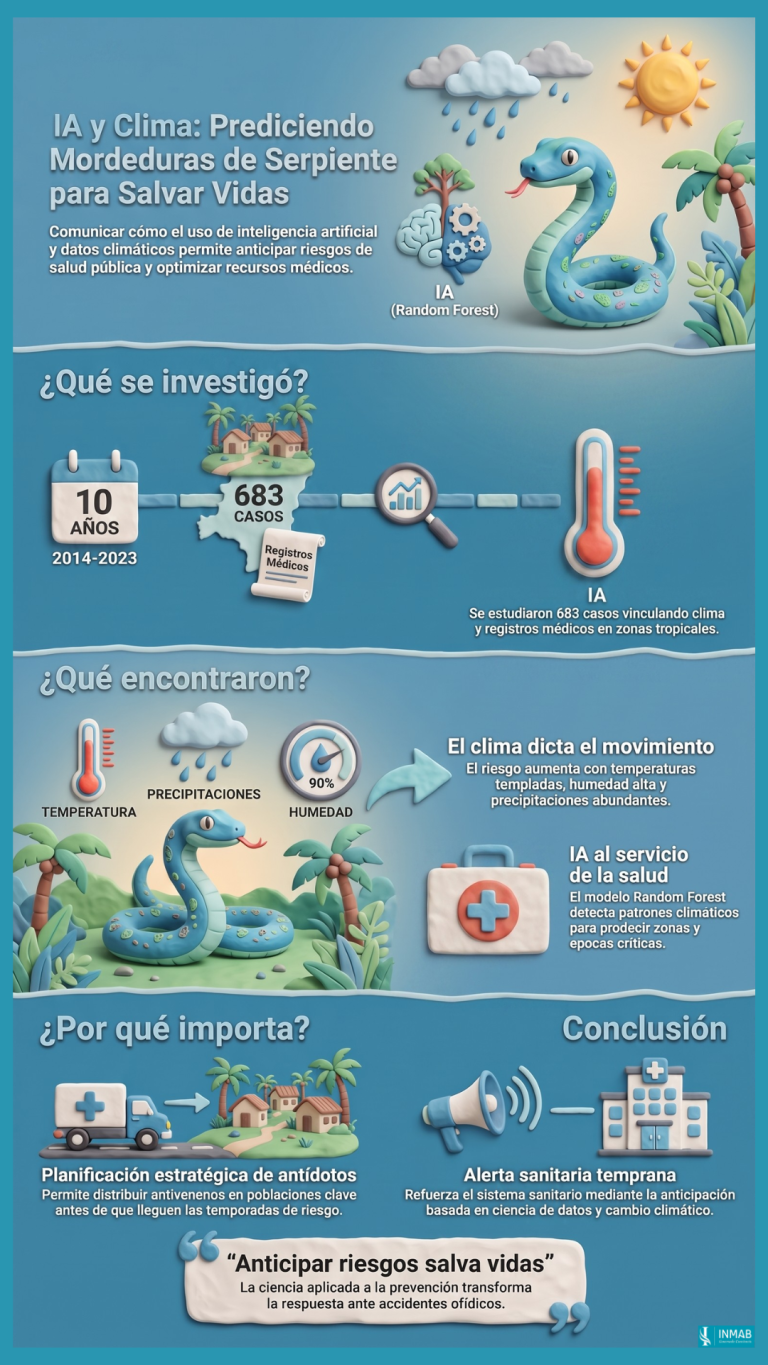 Inteligencia artificial para predecir mordeduras de serpiente en Ecuador | INMAB Infografía sobre un modelo de IA que predice el riesgo de mordeduras de serpiente en Ecuador a partir de variables climáticas