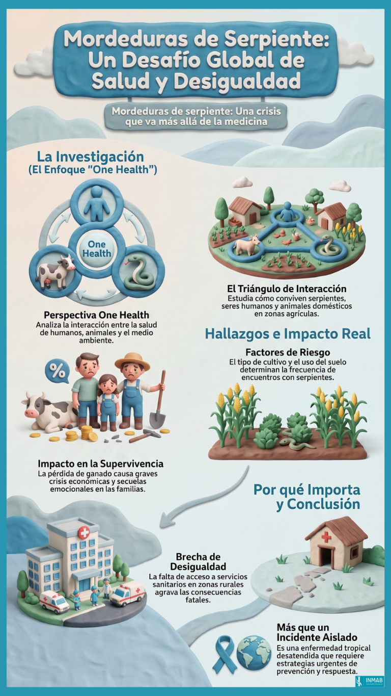 Mordeduras de serpiente: un desafío global de salud y desigualdad | Enfoque One Health | INMAB Infografía sobre el impacto global de las mordeduras de serpiente y cómo el enfoque One Health ayuda a comprender y prevenir este problema.