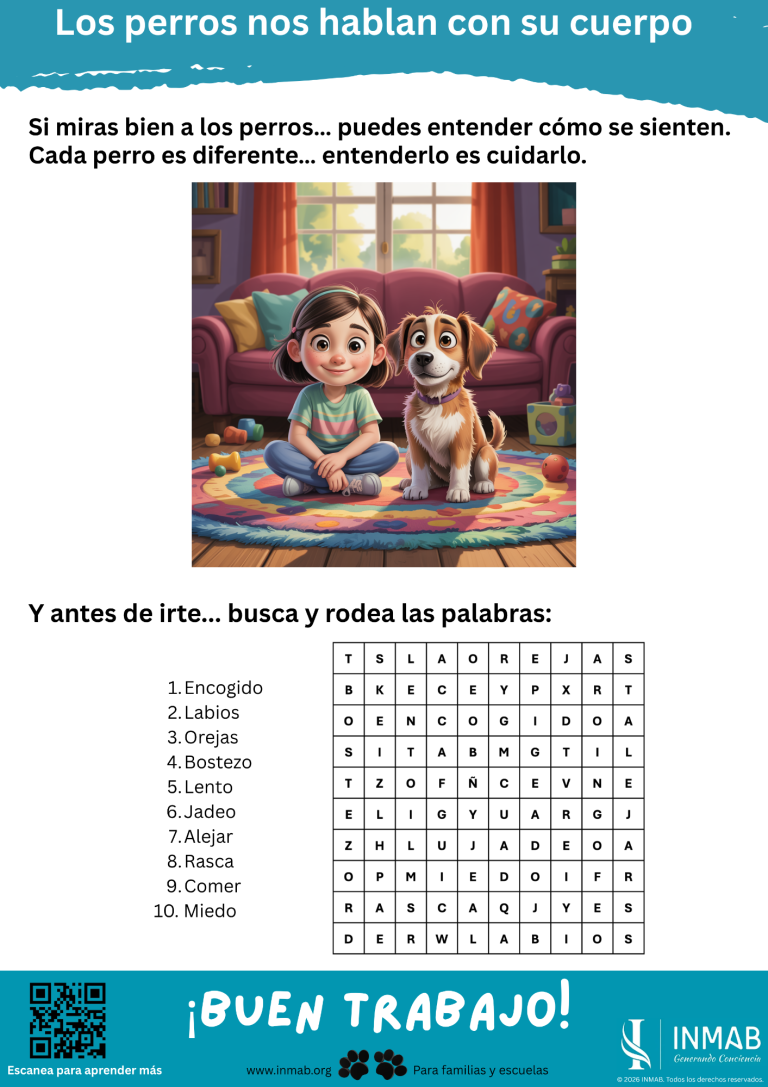 Actividad infantil de lenguaje canino con sopa de letras y dibujo de niño y perro para aprender emociones y prevenir mordeduras