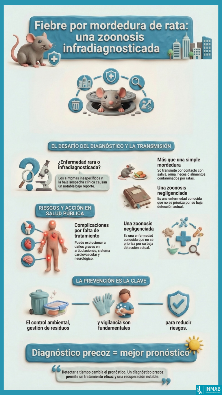 Infografía sobre fiebre por mordedura de rata: zoonosis infradiagnosticada, transmisión más allá de mordeduras y claves de prevención