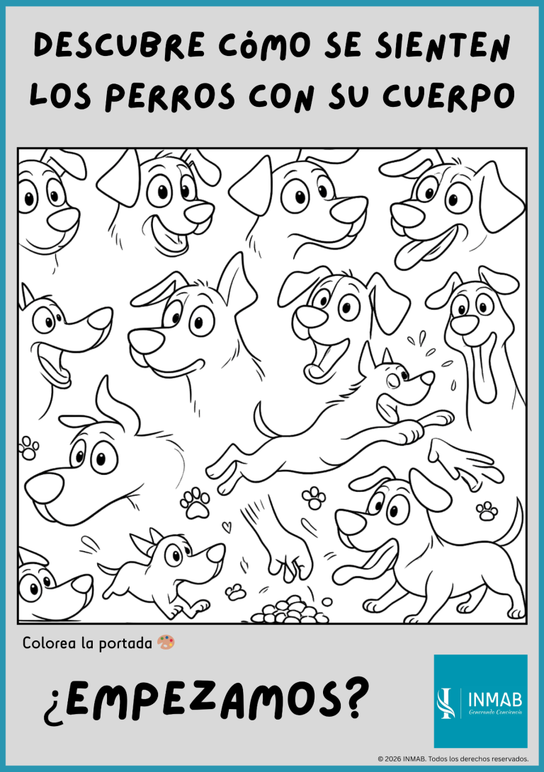 Ilustración para colorear con perros mostrando distintas señales de su lenguaje corporal y emociones para aprender a interpretarlas.