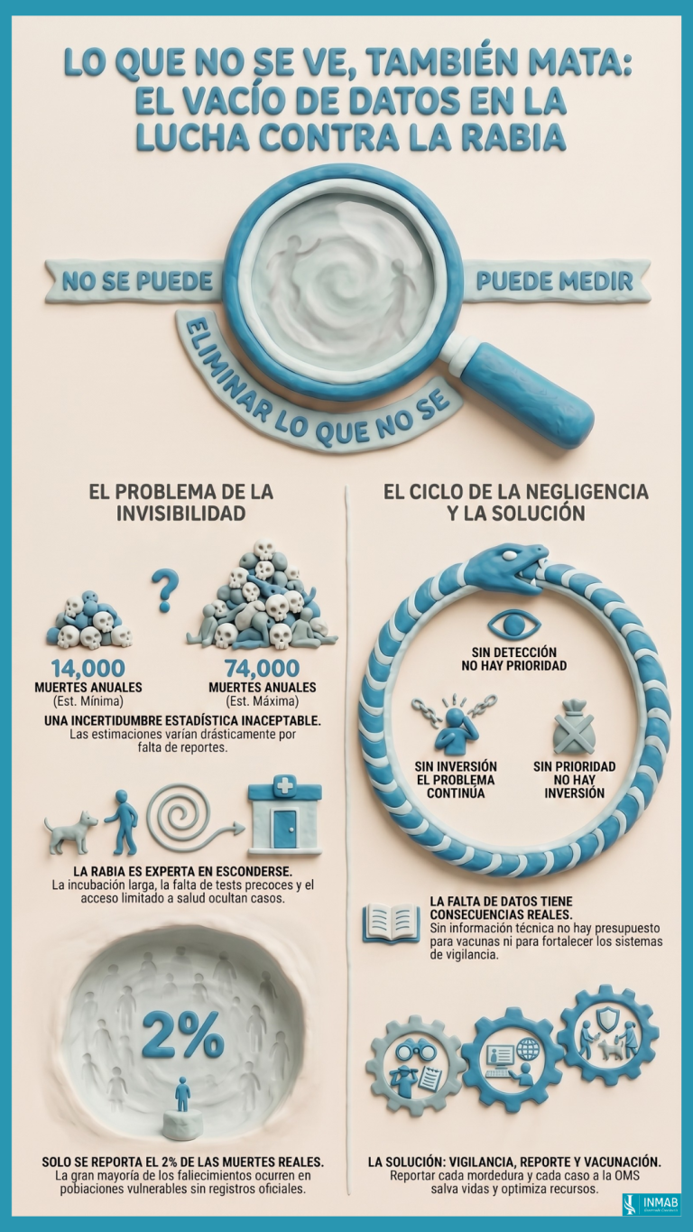 Rabia: el impacto de la falta de datos en su prevención - INMAB Infografía sobre rabia que muestra cómo la falta de datos genera un ciclo de negligencia y limita la vigilancia, inversión y prevención.