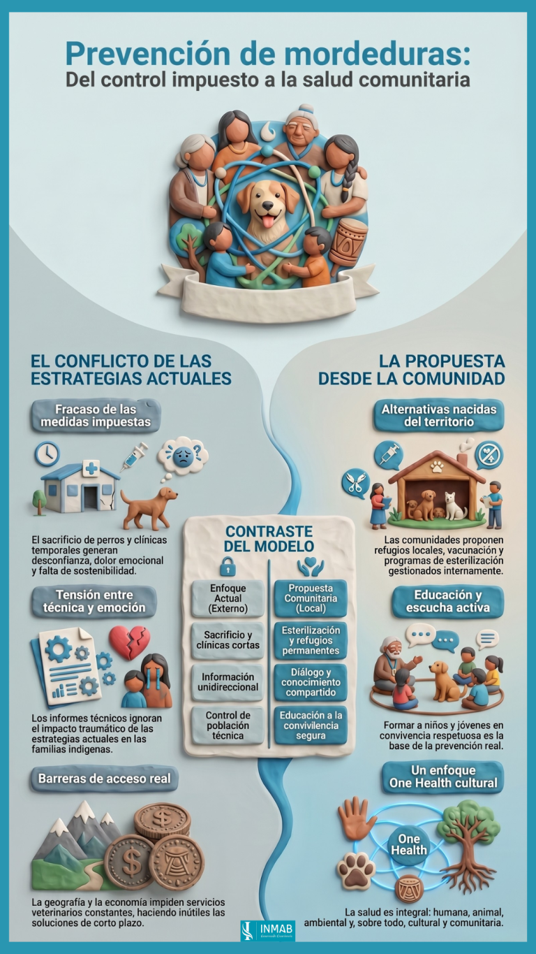 Prevención de mordeduras en comunidades indígenas - INMAB Infografía sobre prevención de mordeduras en comunidades indígenas. Comparación de medidas impuestas vs soluciones basadas en educación