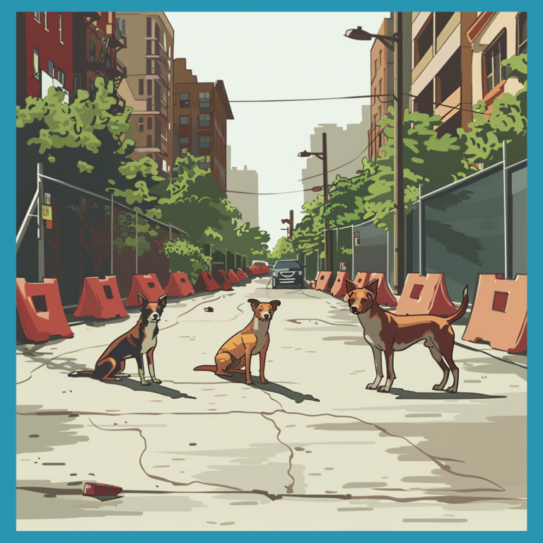 Representación gráfica de perros sueltos en una calle de ciudad, reflejando el problema del abandono y la falta de control.