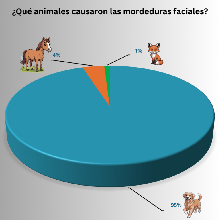 Especies que causan mordeduras faciales - INMAB Gráfico circular que muestra que el 95% de las lesiones faciales por mordeduras fueron causadas por perros, seguido de caballos y un zorro.