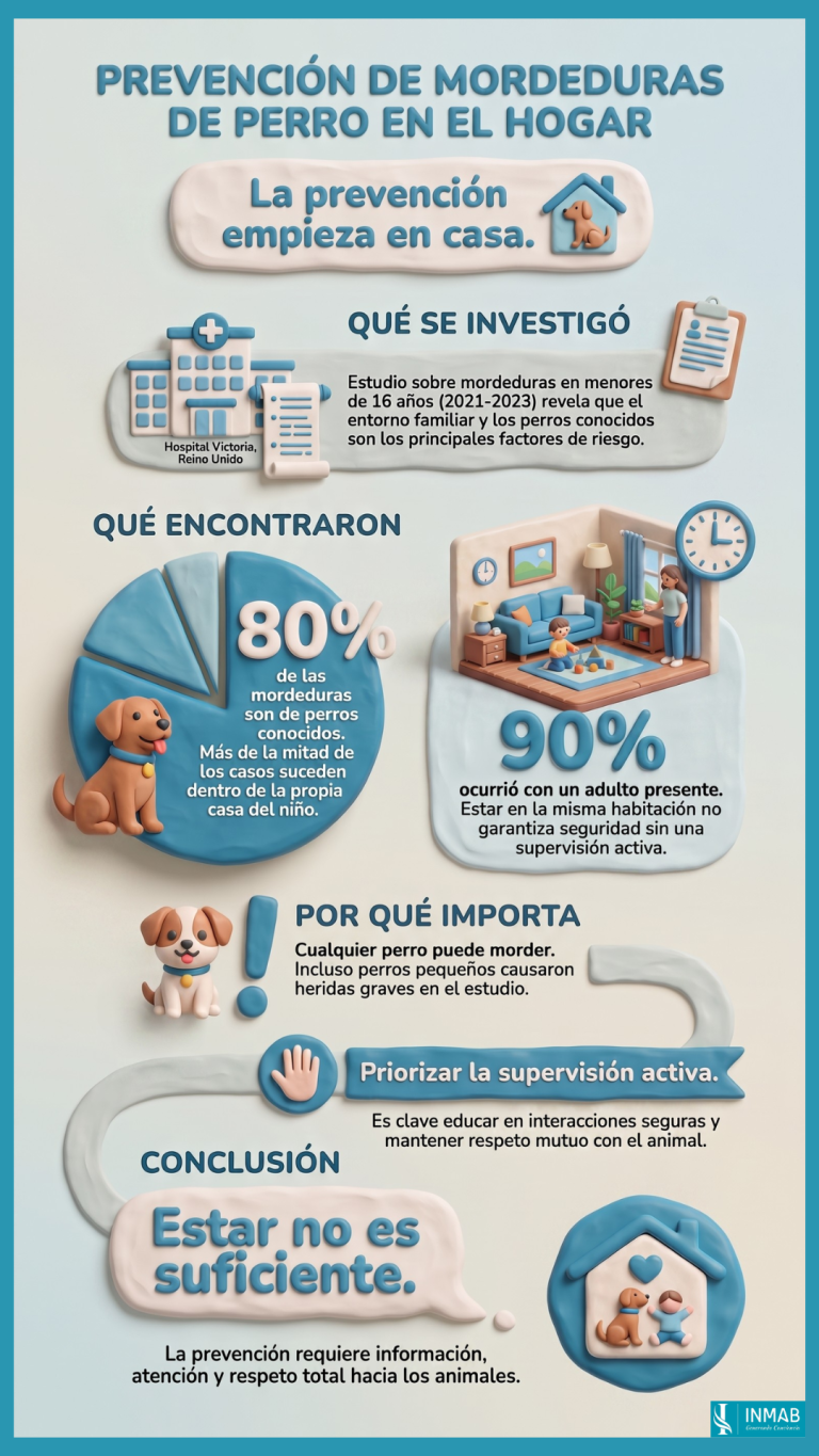 Infografía sobre mordeduras de perro en niños, factores de riesgo en el hogar y la importancia de una supervisión activa.