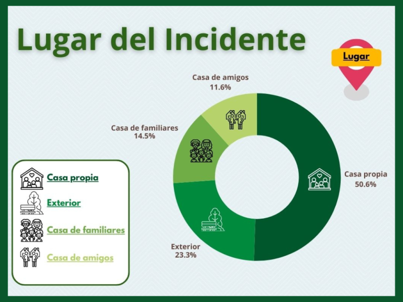 Gráfico circular que muestra dónde ocurrieron las mordeduras de perro en niños: casa propia, exteriores, casa de familiares o amigos.
