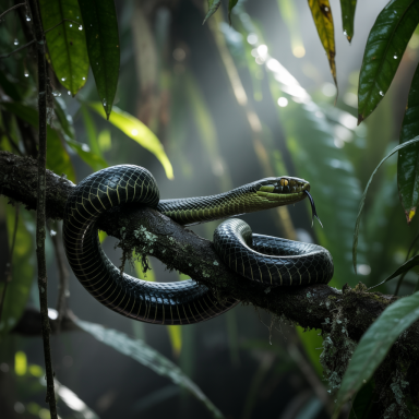 Serpiente venenosa enroscada en una rama en la selva, ilustrando el riesgo real de mordeduras en regiones tropicales del mundo.