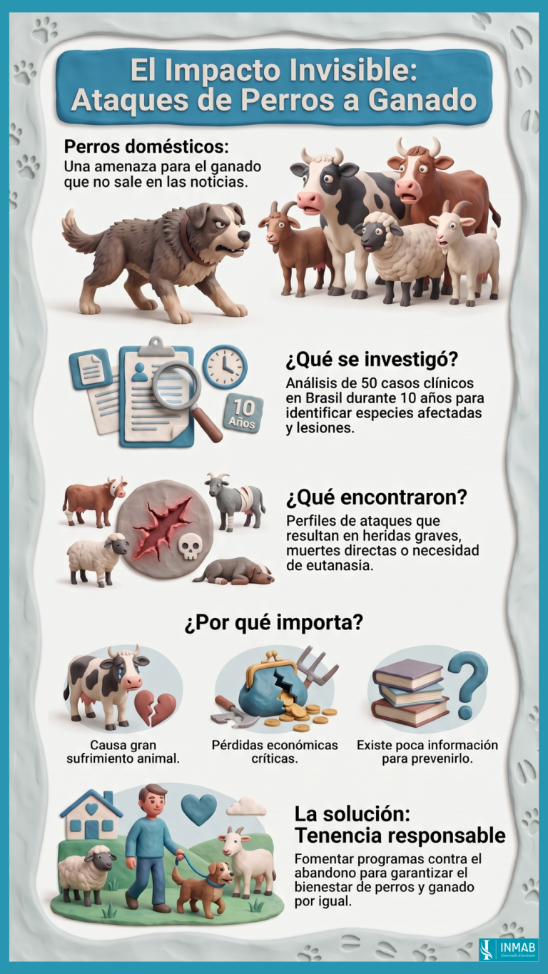 Infografía sobre ataques de perros al ganado: impacto, hallazgos de un estudio en Brasil y la importancia de la tenencia responsable.