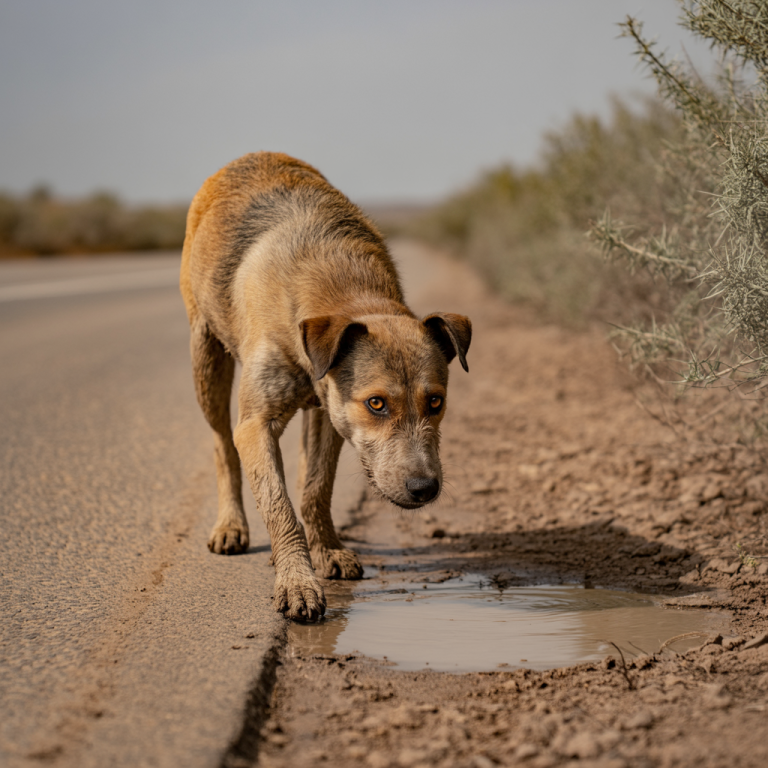 Perro callejero bebe de un charco en un camino seco. La escasez de agua y alimento afecta su salud y comportamiento.
