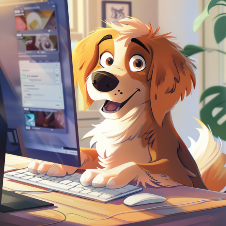 Cuestionario educativo sobre seguridad y convivencia con perros - INMAB Ilustración de un perro usando un ordenador para responder un cuestionario educativo sobre seguridad y convivencia responsable con perros.