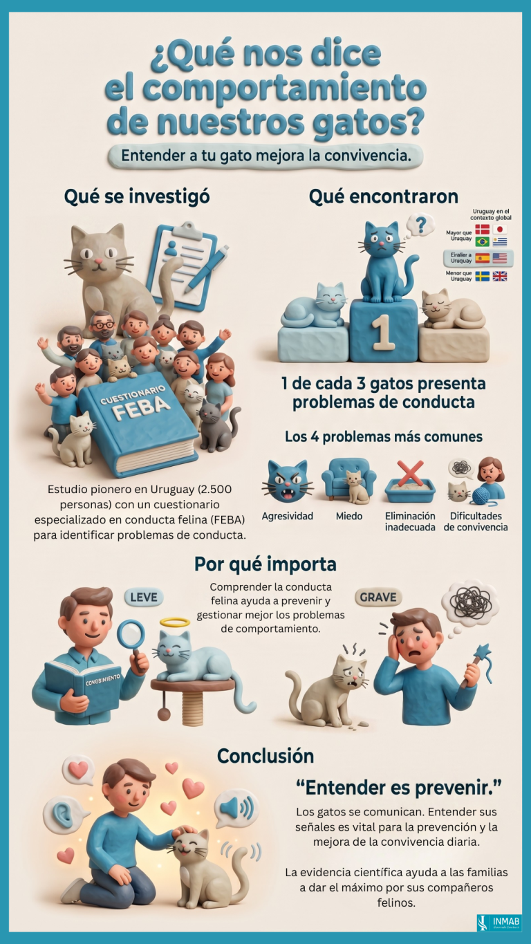Infografía: problemas de conducta en gatos en Uruguay | INMAB Infografía que resume un estudio sobre problemas de conducta en gatos en Uruguay y la importancia de comprender su comportamiento.