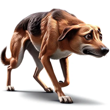 Perro encogido con cuerpo bajo y orejas atrás, señal de miedo intenso o sumisión.