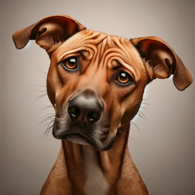 Perro con orejas hacia los lados y ceño fruncido, mostrando preocupación o ansiedad.