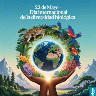 Día Internacional de la Diversidad Biológica – Protección de la vida en la Tierra Ilustración de la Tierra rodeada de fauna y flora, sostenida por manos humanas, símbolo de la diversidad biológica y su protección.